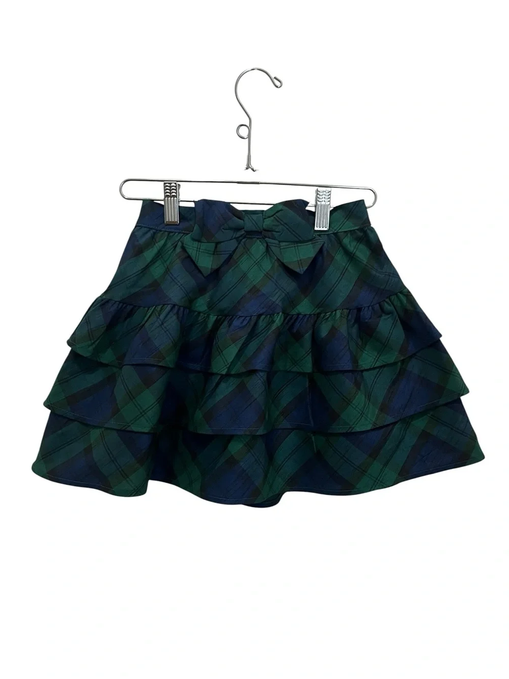 Gymboree Navy & Green Holiday Plaid Tiered Skirt with Bow Sz 8